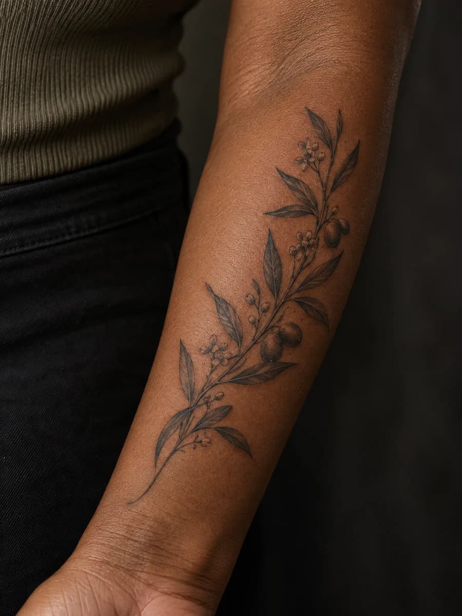 AI concept of a delicate botanical tattoo following an adult forearm