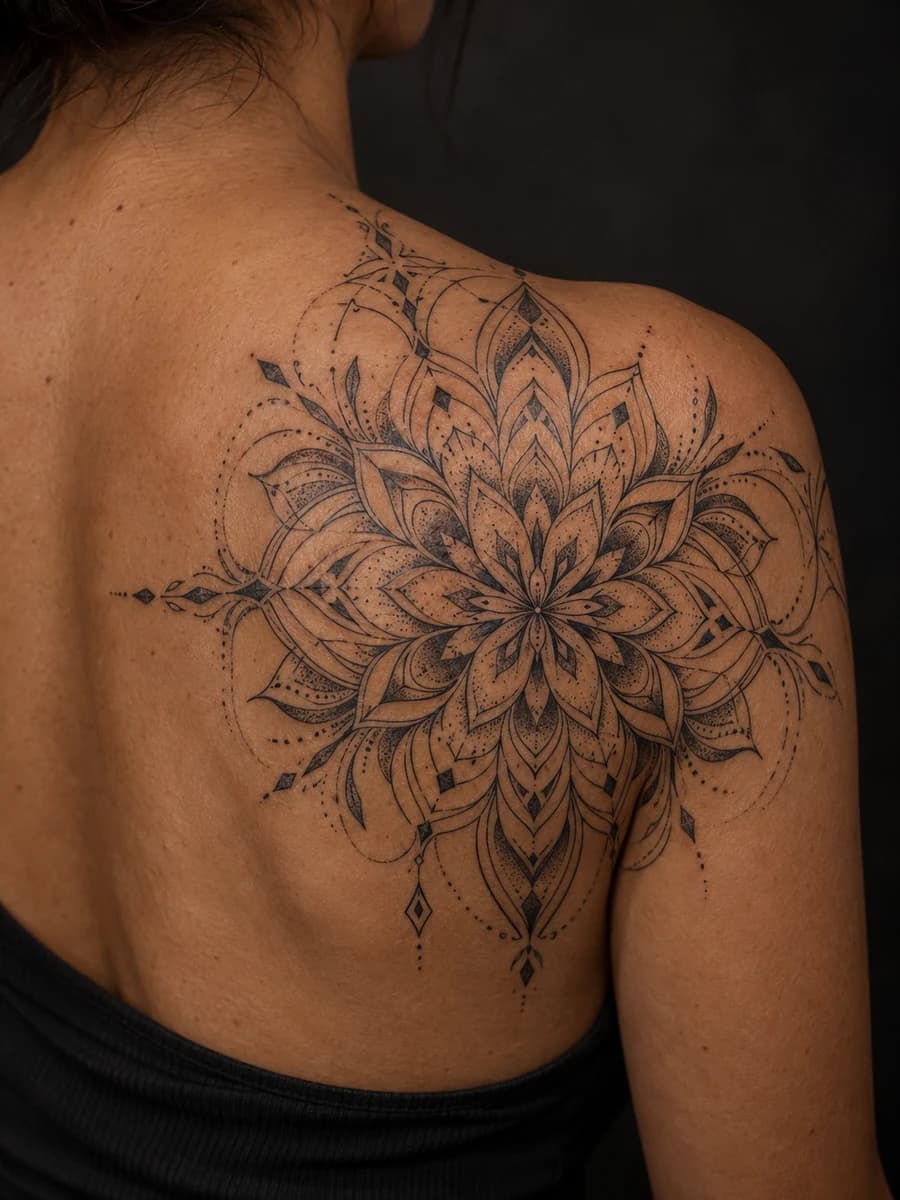 AI concept of a geometric ornamental dotwork tattoo on an adult shoulder