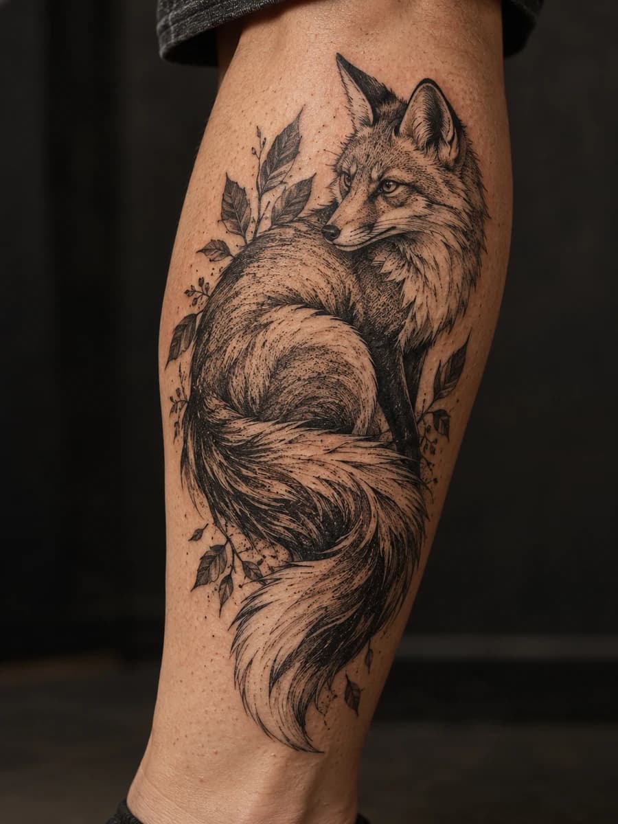 AI concept of an illustrated fox and crescent tattoo on an adult calf