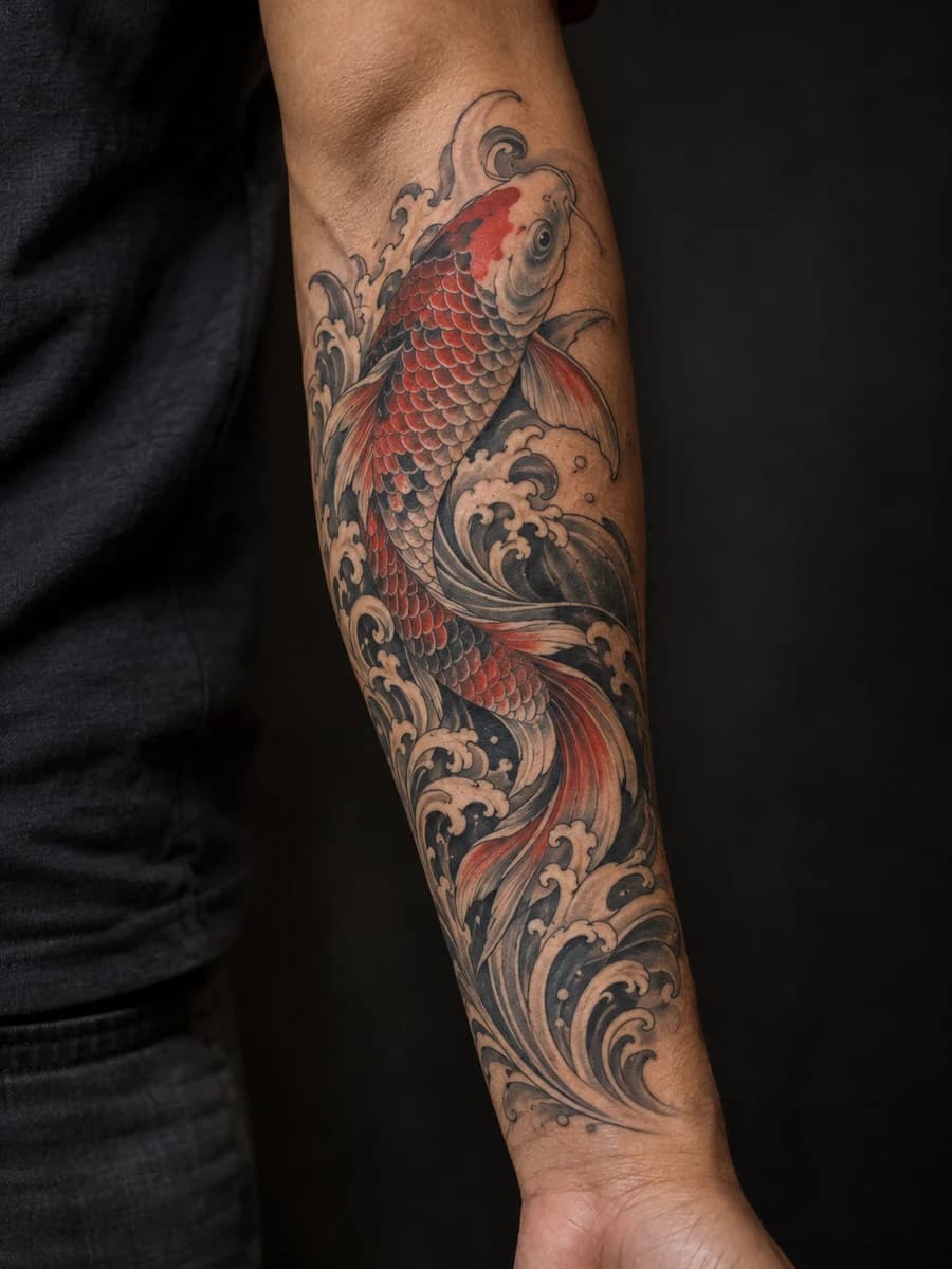 AI concept of an original Japanese koi and waves tattoo on an adult forearm