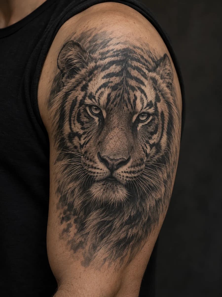 AI concept of a black-and-grey realistic tiger tattoo on an adult upper arm