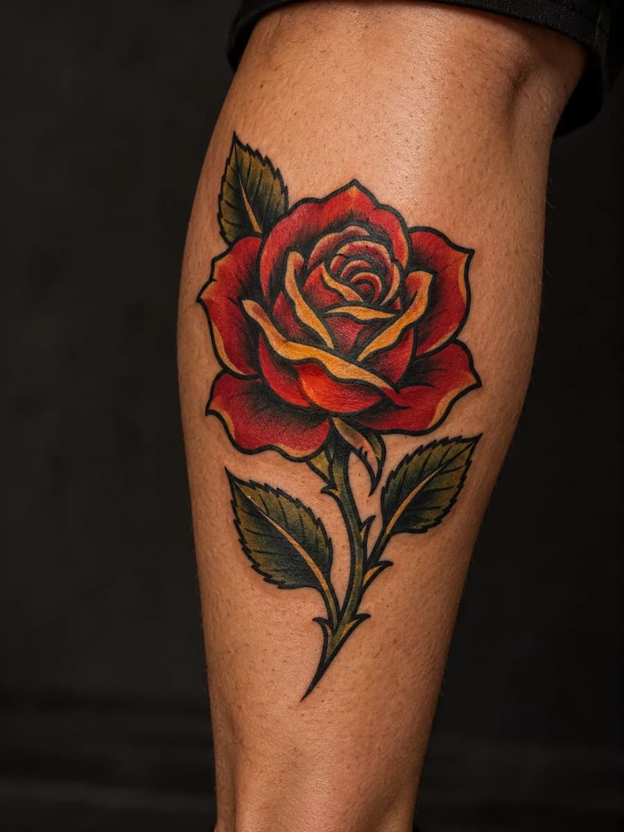 AI concept of an American traditional rose tattoo on an adult calf