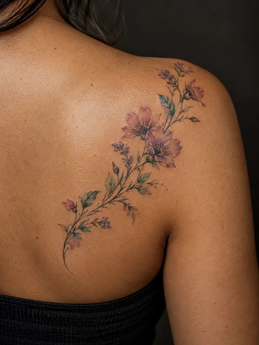 AI concept of watercolor wildflowers with crisp contours on an adult shoulder