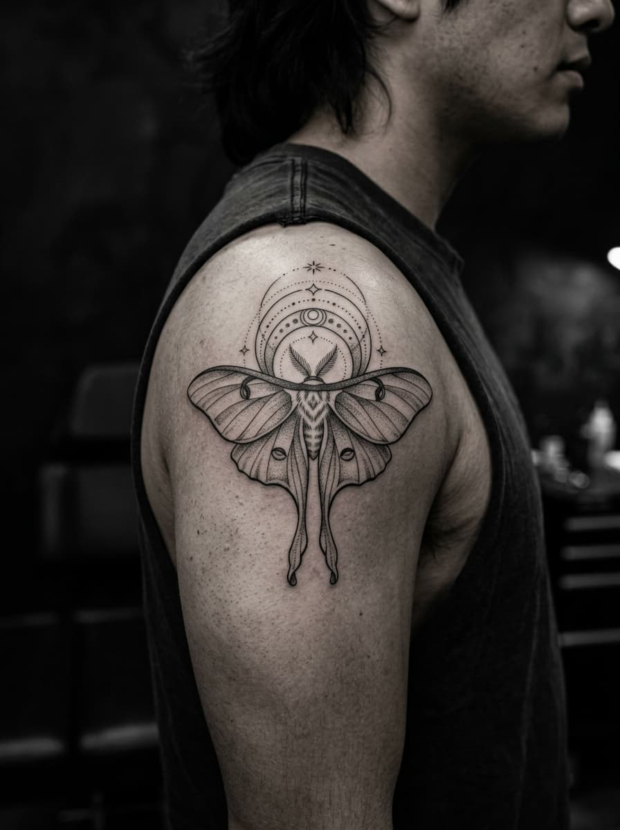 Illustrative fine-line luna moth tattoo on a shoulder